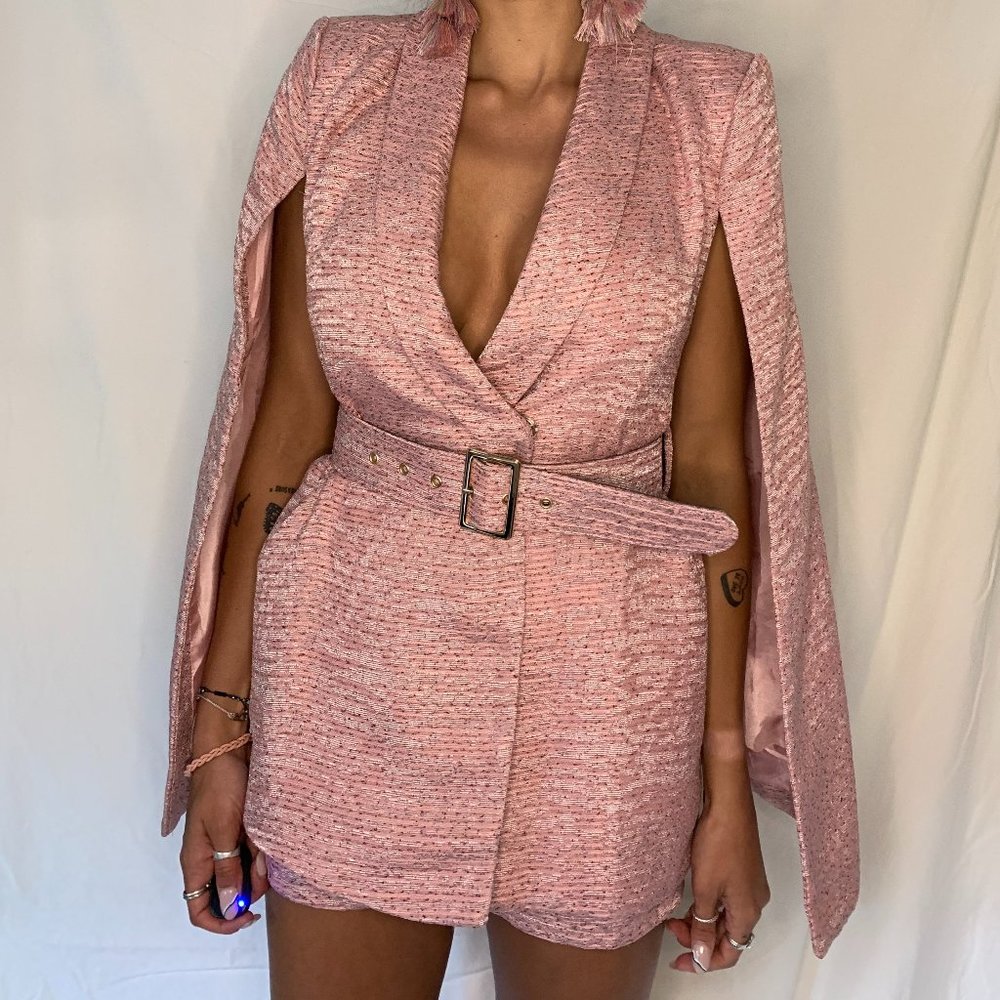 Pink Blazer Cape Belted Romper